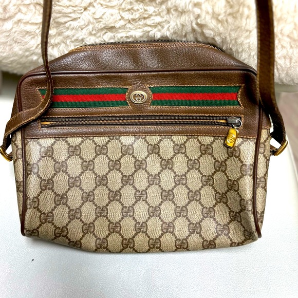 Gucci Handbags - Authentic Vintage Gucci Brown Leather GG and GRG Webbing Accent Bag